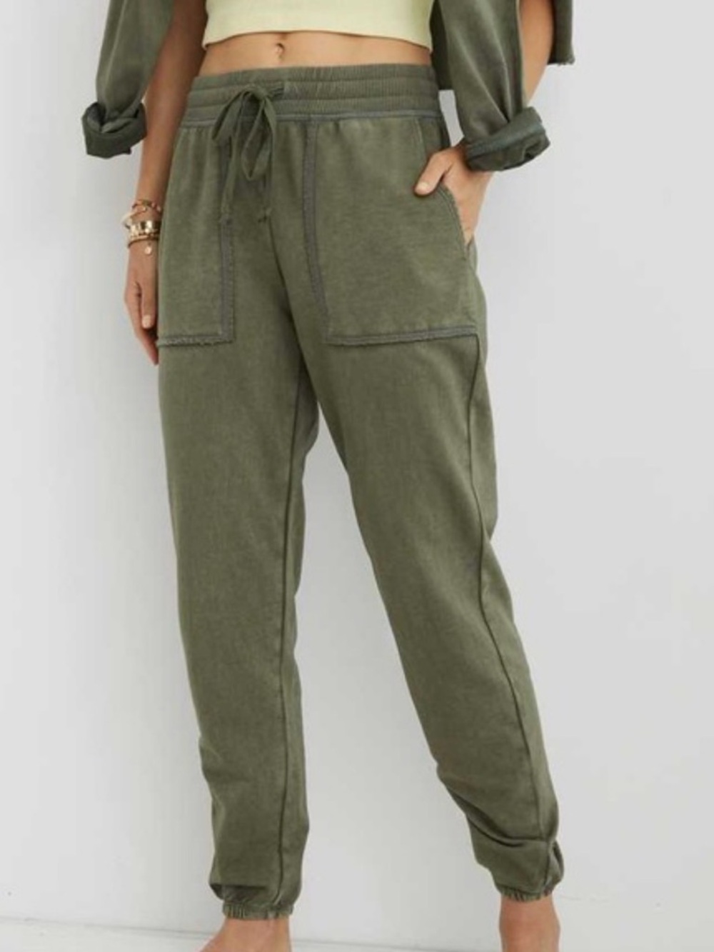 aerie Sunwashed Fleece Distressed Olive Green Joggers